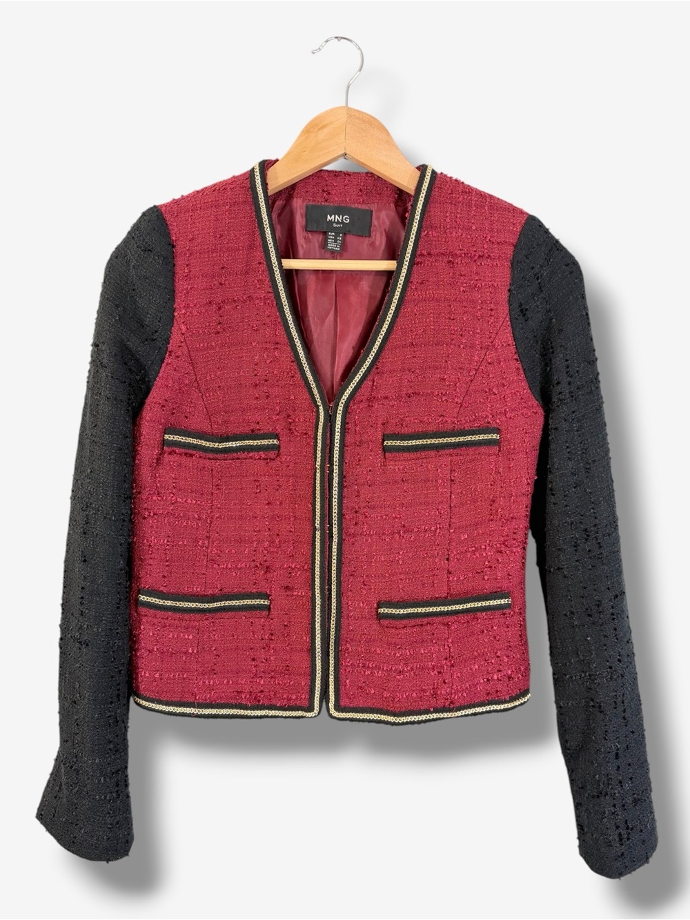 MNG Suit Burgundy Black Boucle Tweed Jacket XS Gold Chain Trim Mango Preppy
